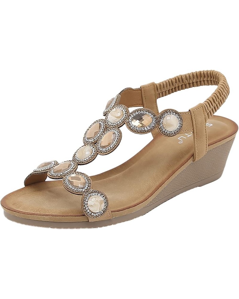 Women Summer Elastic Band Rhinestones Casual Open Toe Wedges Soft Bottom Womens Hiking Sandals with Arch Support Brown $15.21...