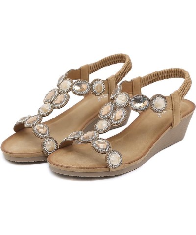 Women Summer Elastic Band Rhinestones Casual Open Toe Wedges Soft Bottom Womens Hiking Sandals with Arch Support Brown $15.21...