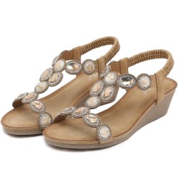 Women Summer Elastic Band Rhinestones Casual Open Toe Wedges Soft Bottom Womens Hiking Sandals with Arch Support Brown $15.21...