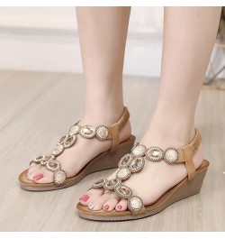 Women Summer Elastic Band Rhinestones Casual Open Toe Wedges Soft Bottom Womens Hiking Sandals with Arch Support Brown $15.21...