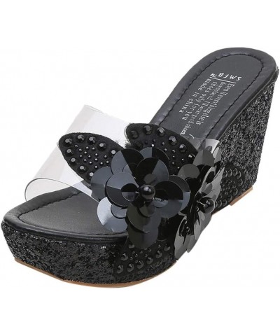 Sandals for Women Dressy Summer Floral Rhinestone Crystal Slippers Transparent Bohemia Platform Wedge Casual Sandal Black $21...