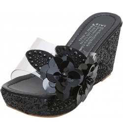 Sandals for Women Dressy Summer Floral Rhinestone Crystal Slippers Transparent Bohemia Platform Wedge Casual Sandal Black $21...