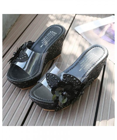 Sandals for Women Dressy Summer Floral Rhinestone Crystal Slippers Transparent Bohemia Platform Wedge Casual Sandal Black $21...