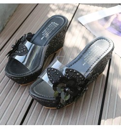 Sandals for Women Dressy Summer Floral Rhinestone Crystal Slippers Transparent Bohemia Platform Wedge Casual Sandal Black $21...