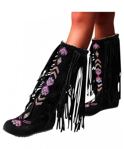 Flock Long Style Boots Fashion Woman Tassel Chinese Flat High Women Over The Knee Boots for Women Leather High Heel Black $30...