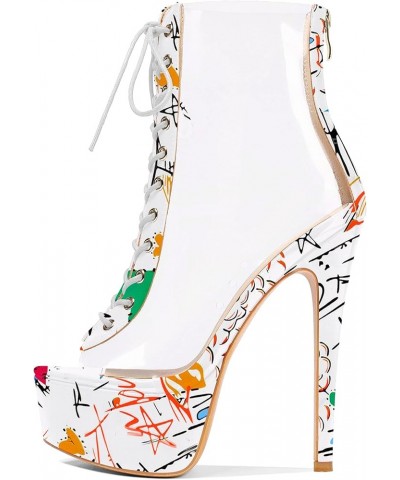 Women's Peep Toe Platform Heels Heeled Sandals Stiletto High Heel Clear PVC Sexy Lace Up Ankle Boots Graffiti White $39.20 Sa...