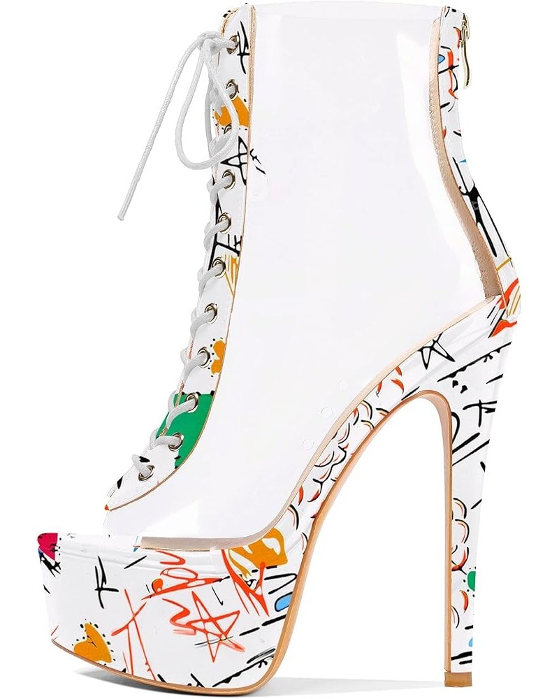 Women's Peep Toe Platform Heels Heeled Sandals Stiletto High Heel Clear PVC Sexy Lace Up Ankle Boots Graffiti White $39.20 Sa...