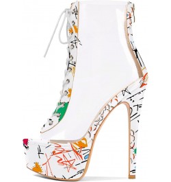 Women's Peep Toe Platform Heels Heeled Sandals Stiletto High Heel Clear PVC Sexy Lace Up Ankle Boots Graffiti White $39.20 Sa...