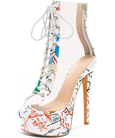 Women's Peep Toe Platform Heels Heeled Sandals Stiletto High Heel Clear PVC Sexy Lace Up Ankle Boots Graffiti White $39.20 Sa...