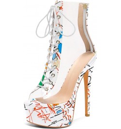 Women's Peep Toe Platform Heels Heeled Sandals Stiletto High Heel Clear PVC Sexy Lace Up Ankle Boots Graffiti White $39.20 Sa...