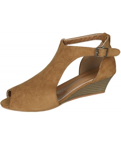 Women's Suede Solid Hollow Lightweight Buckle Straps Medium Height Peep Toe Wedge Sandal for Summer Holiday Brown $25.47 Sandals