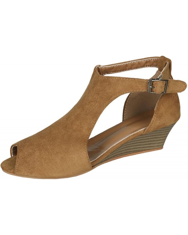 Women's Suede Solid Hollow Lightweight Buckle Straps Medium Height Peep Toe Wedge Sandal for Summer Holiday Brown $25.47 Sandals