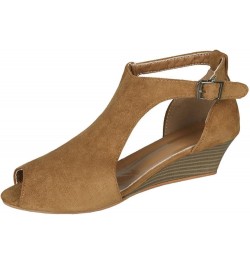 Women's Suede Solid Hollow Lightweight Buckle Straps Medium Height Peep Toe Wedge Sandal for Summer Holiday Brown $25.47 Sandals