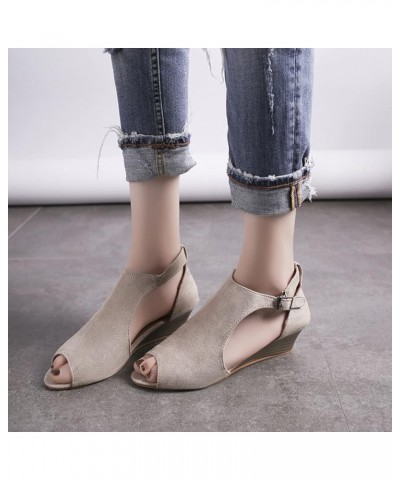 Women's Suede Solid Hollow Lightweight Buckle Straps Medium Height Peep Toe Wedge Sandal for Summer Holiday Brown $25.47 Sandals