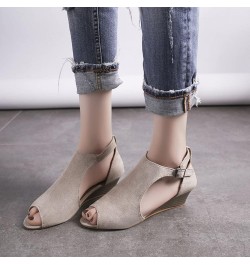 Women's Suede Solid Hollow Lightweight Buckle Straps Medium Height Peep Toe Wedge Sandal for Summer Holiday Brown $25.47 Sandals