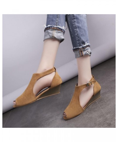 Women's Suede Solid Hollow Lightweight Buckle Straps Medium Height Peep Toe Wedge Sandal for Summer Holiday Brown $25.47 Sandals