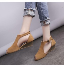 Women's Suede Solid Hollow Lightweight Buckle Straps Medium Height Peep Toe Wedge Sandal for Summer Holiday Brown $25.47 Sandals