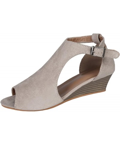 Women's Suede Solid Hollow Lightweight Buckle Straps Medium Height Peep Toe Wedge Sandal for Summer Holiday Brown $25.47 Sandals