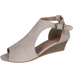 Women's Suede Solid Hollow Lightweight Buckle Straps Medium Height Peep Toe Wedge Sandal for Summer Holiday Brown $25.47 Sandals