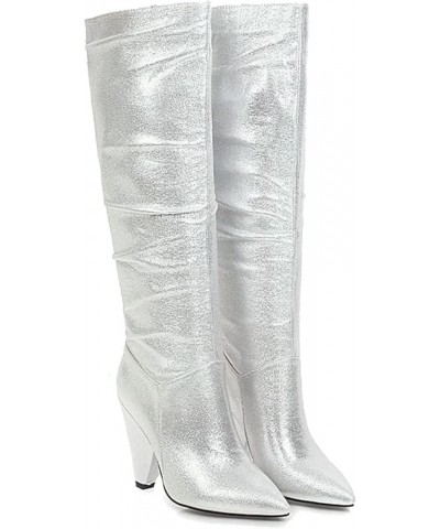 Women's Knee High Boots High Heel Pull On Long Boots Ladies Stretch Comfortable Fashion Dress Boots Silver $33.05 Boots