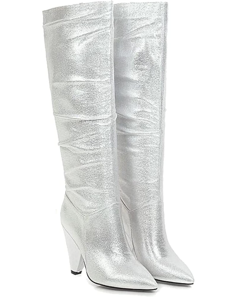 Women's Knee High Boots High Heel Pull On Long Boots Ladies Stretch Comfortable Fashion Dress Boots Silver $33.05 Boots