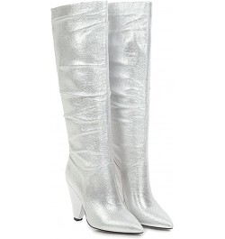 Women's Knee High Boots High Heel Pull On Long Boots Ladies Stretch Comfortable Fashion Dress Boots Silver $33.05 Boots