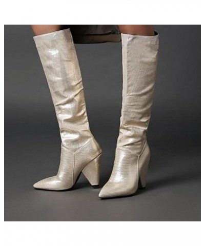 Women's Knee High Boots High Heel Pull On Long Boots Ladies Stretch Comfortable Fashion Dress Boots Silver $33.05 Boots