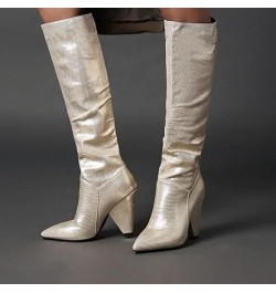 Women's Knee High Boots High Heel Pull On Long Boots Ladies Stretch Comfortable Fashion Dress Boots Silver $33.05 Boots