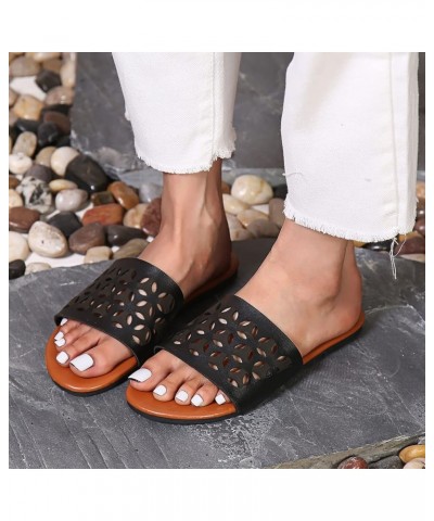 Teen Girls Leather Slippers Ladies Fashion Summer Leather Colorful Woven Decoration Open Toe Hook Loop Flat Dgdhb-black $14.7...