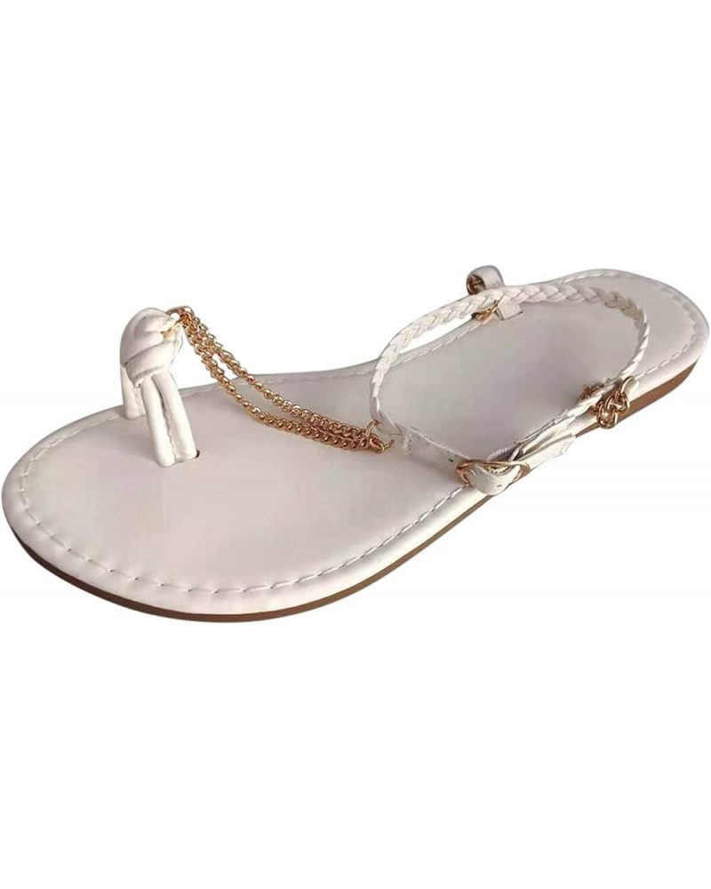 Fashion Metal Color Toe Round Chain Toe Flat Casual Solid Sandals Women's Women's sandals Sandals for Women White $17.15 Sandals