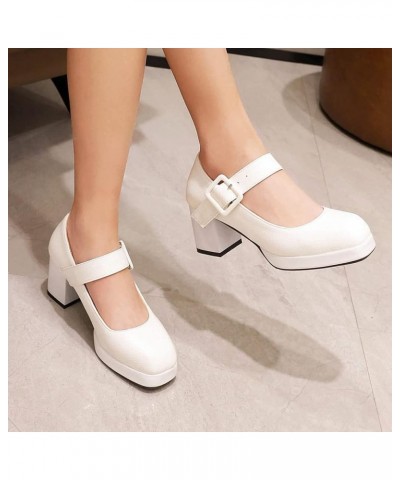 Women's Platform Chunky High Heel Pump Shoes Square Toe Ankle Strap Gothic Mary Janes Dress Pumps White $31.36 Pumps