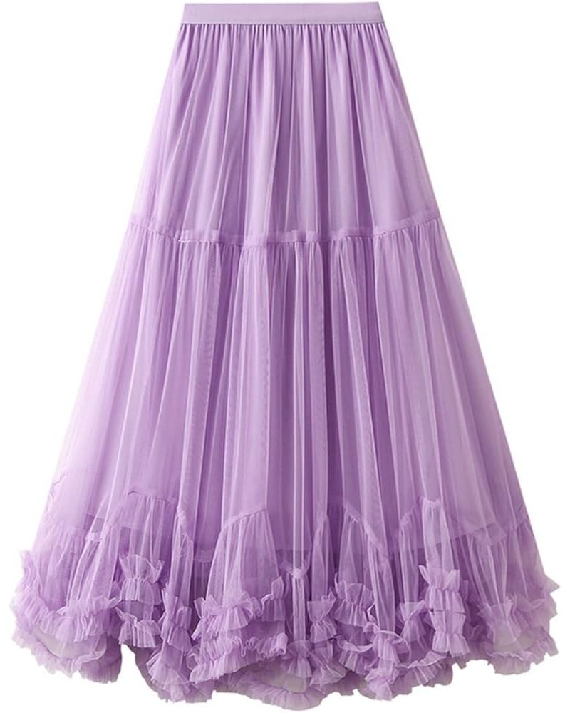 Women's A Line Fairy Elastic Waist Tulle Midi Skirt High Waist Skirts Solid Color Mesh Dress Purple- Women's Formal Dresses $...