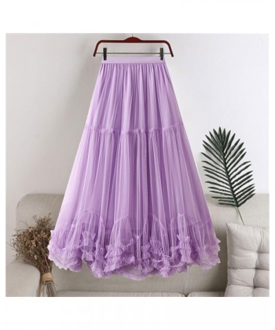 Women's A Line Fairy Elastic Waist Tulle Midi Skirt High Waist Skirts Solid Color Mesh Dress Purple- Women's Formal Dresses $...