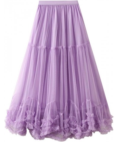 Women's A Line Fairy Elastic Waist Tulle Midi Skirt High Waist Skirts Solid Color Mesh Dress Purple- Women's Formal Dresses $...