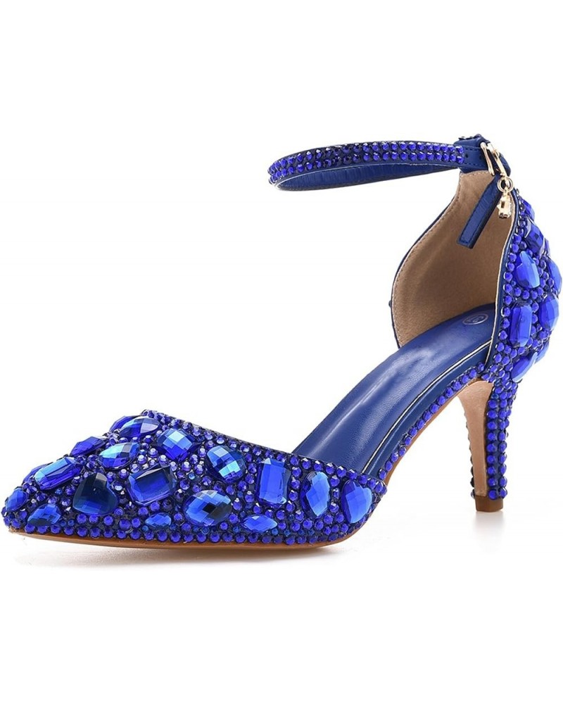 Womens Ankle Strap Wedding Shoes with Rhinestones Evening Formal Pumps P07 Royal Blue 7.5cm Heel $24.00 Pumps