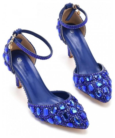 Womens Ankle Strap Wedding Shoes with Rhinestones Evening Formal Pumps P07 Royal Blue 7.5cm Heel $24.00 Pumps