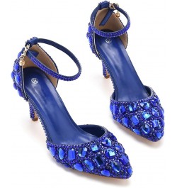 Womens Ankle Strap Wedding Shoes with Rhinestones Evening Formal Pumps P07 Royal Blue 7.5cm Heel $24.00 Pumps