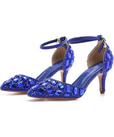 Womens Ankle Strap Wedding Shoes with Rhinestones Evening Formal Pumps P07 Royal Blue 7.5cm Heel $24.00 Pumps