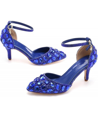 Womens Ankle Strap Wedding Shoes with Rhinestones Evening Formal Pumps P07 Royal Blue 7.5cm Heel $24.00 Pumps