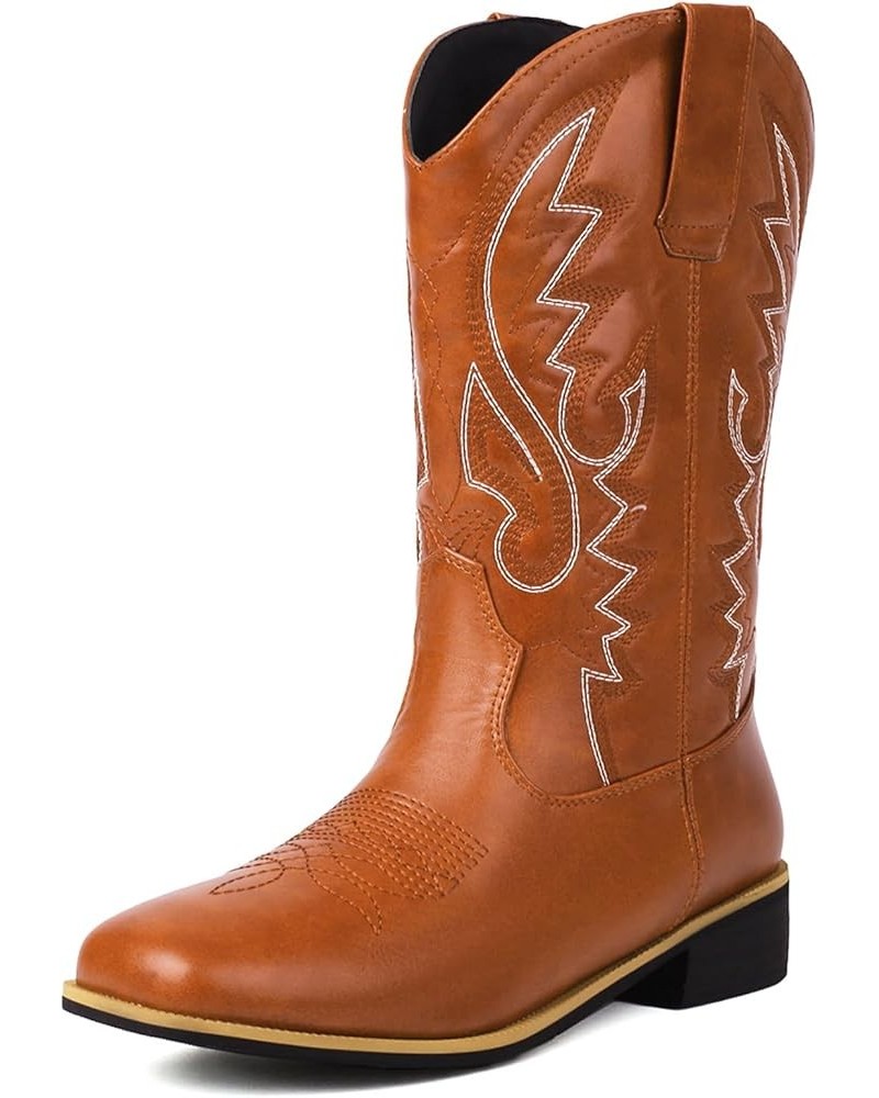 Women Classic Square Toe Mid Calf Cowboy Boots Embroidered Yellow 6 $36.86 Boots