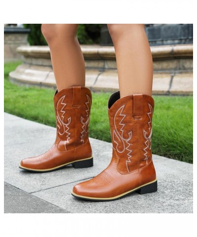 Women Classic Square Toe Mid Calf Cowboy Boots Embroidered Yellow 6 $36.86 Boots