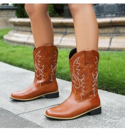 Women Classic Square Toe Mid Calf Cowboy Boots Embroidered Yellow 6 $36.86 Boots