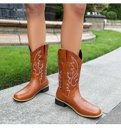 Women Classic Square Toe Mid Calf Cowboy Boots Embroidered Yellow 6 $36.86 Boots