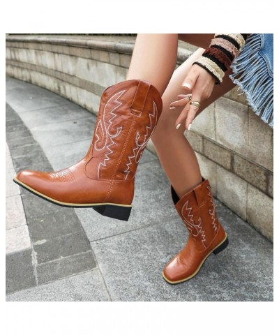 Women Classic Square Toe Mid Calf Cowboy Boots Embroidered Yellow 6 $36.86 Boots