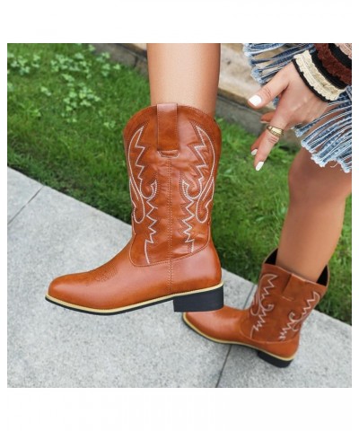 Women Classic Square Toe Mid Calf Cowboy Boots Embroidered Yellow 6 $36.86 Boots