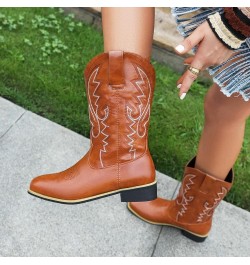 Women Classic Square Toe Mid Calf Cowboy Boots Embroidered Yellow 6 $36.86 Boots