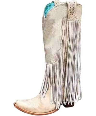 Cowboy Boots for Women Mid Calf Fringe Boots Wide Calf Western Boots Embroidered Pointed Toe Chunky Low Heel Beige $20.74 Out...