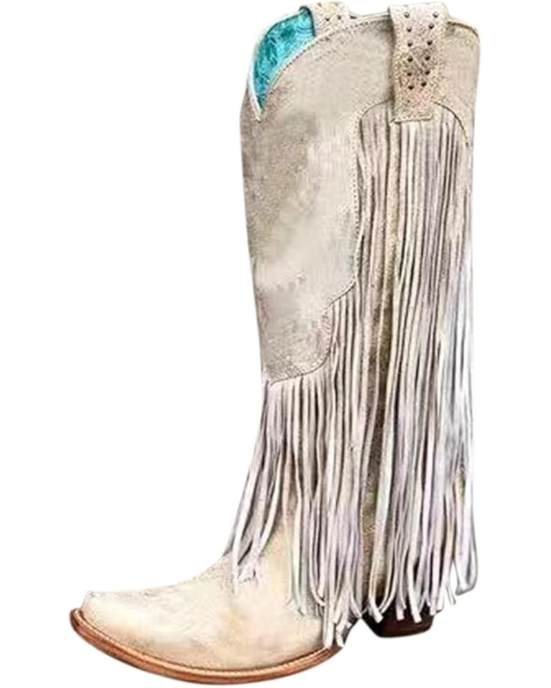 Cowboy Boots for Women Mid Calf Fringe Boots Wide Calf Western Boots Embroidered Pointed Toe Chunky Low Heel Beige $20.74 Out...