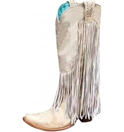 Cowboy Boots for Women Mid Calf Fringe Boots Wide Calf Western Boots Embroidered Pointed Toe Chunky Low Heel Beige $20.74 Out...