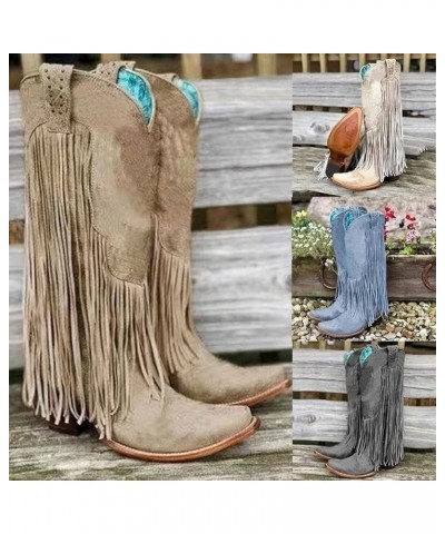 Cowboy Boots for Women Mid Calf Fringe Boots Wide Calf Western Boots Embroidered Pointed Toe Chunky Low Heel Beige $20.74 Out...